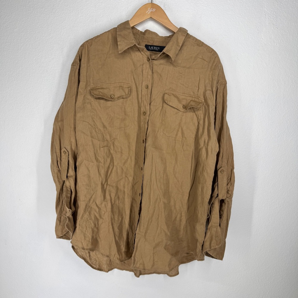 Ralph Lauren Tan 100% Linen Roll Tab Utility Button Down Shirt Size XL Safari